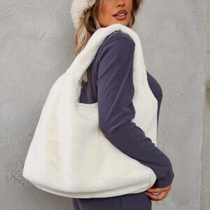 PrettyLittleThing Cream Faux Fur Tote Bag
